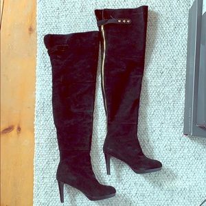 Thigh-high black suede heeled boots. Size 8.